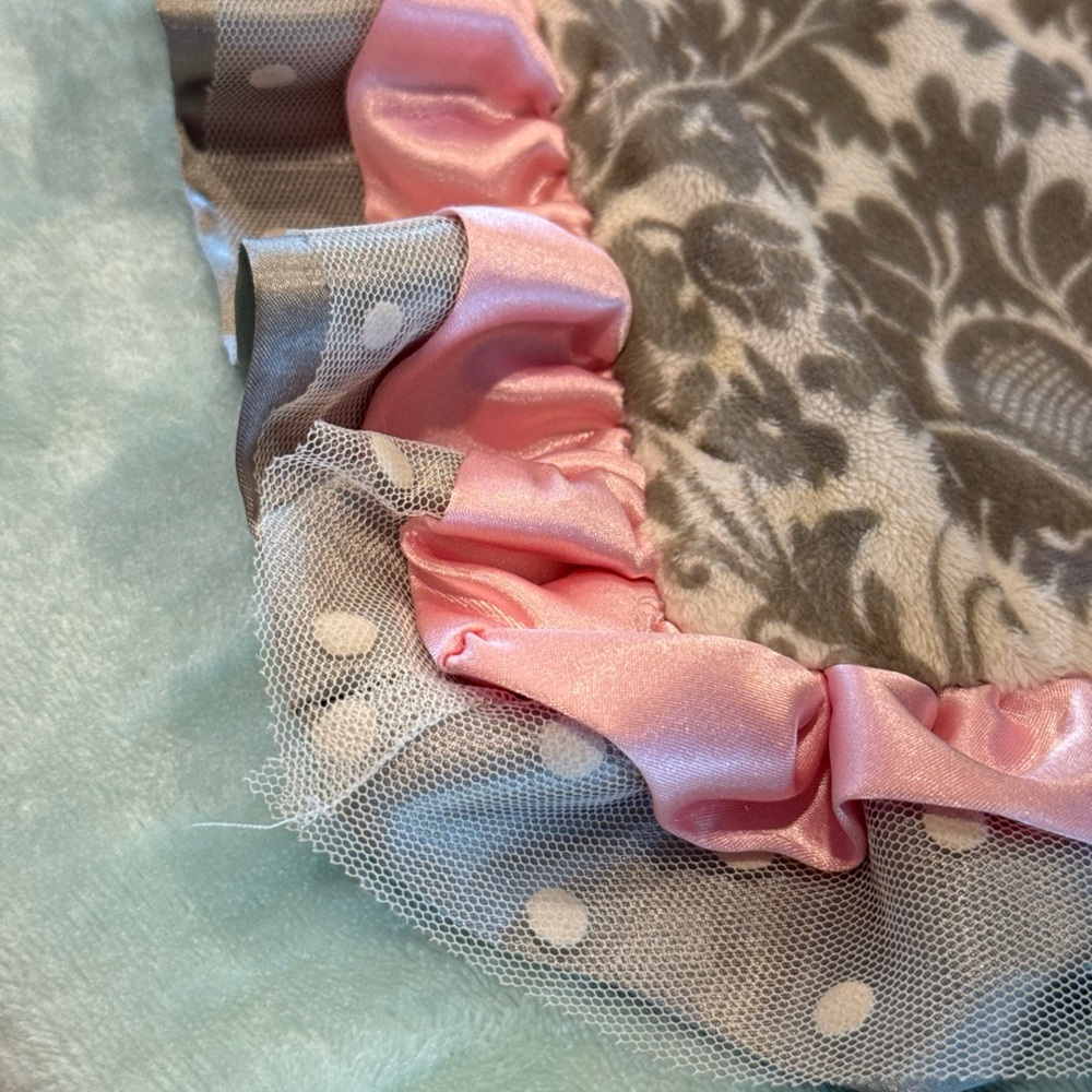 Little Yellow Chick Gray Pink Lovey Blanky Satin Tule Ruffle Edge 17" Square - Picture 7 of 7